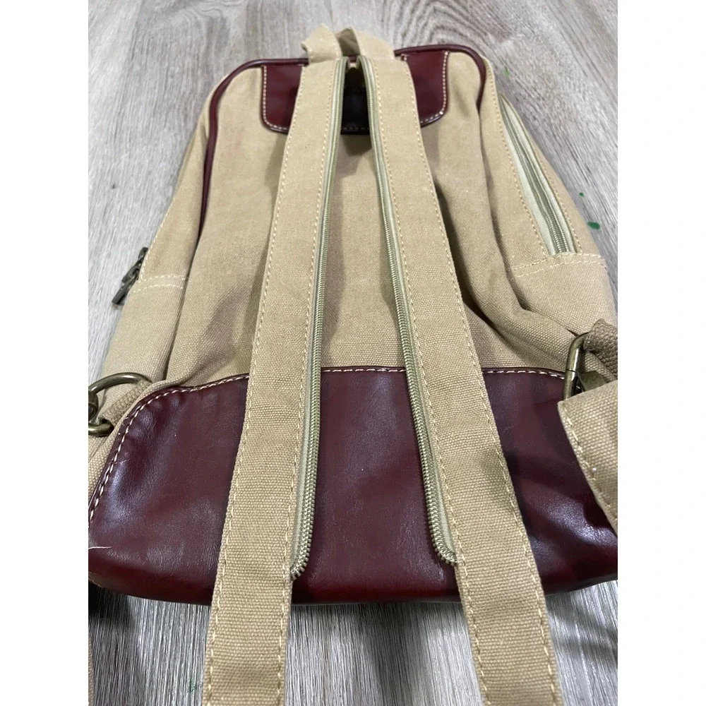 Eurosport Canvas‎ Sling Backpack Tan Brown Faux Leather Zip Vintage Travel